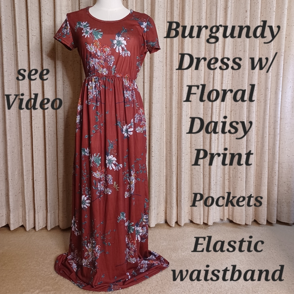 NWOT Burgundy floral long maxi dress, elastic waistband/pockets see measurements